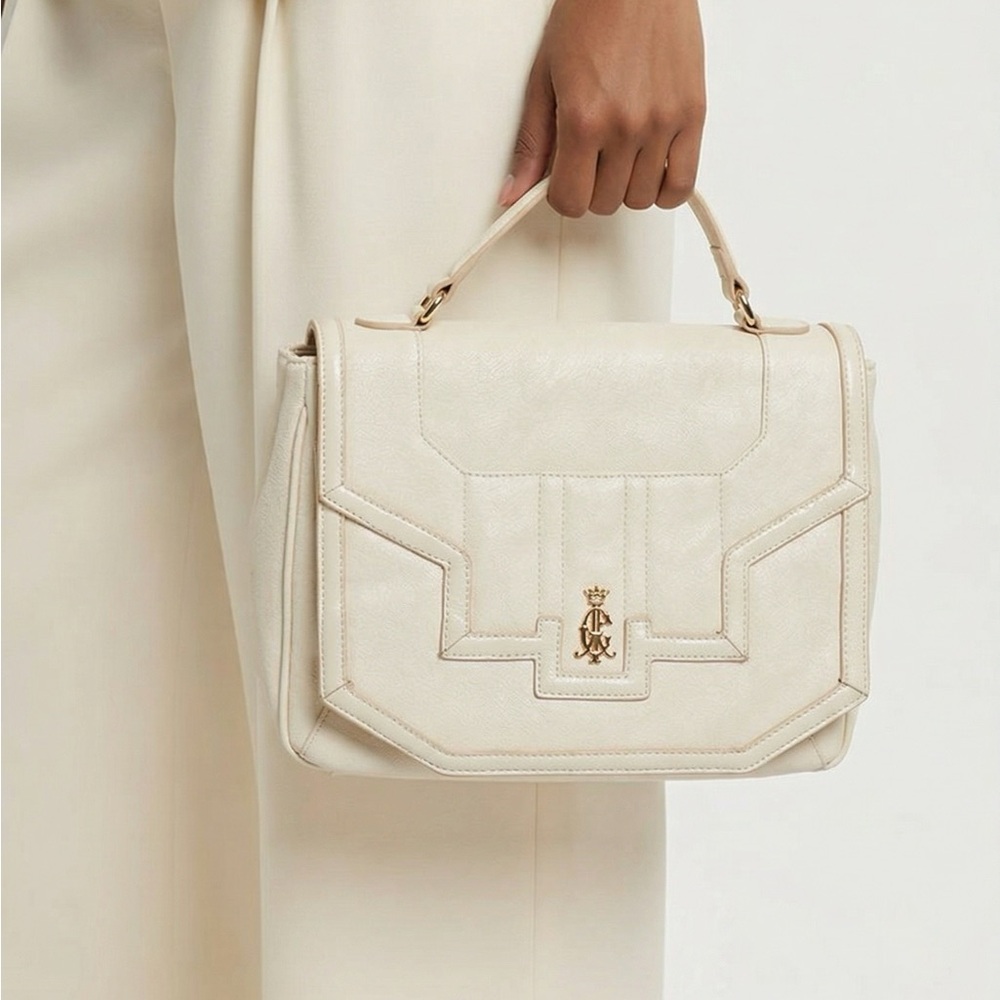 NWT Christian Audigier Vilma leather Cream Top-Handle Satchel Handbag with Gold